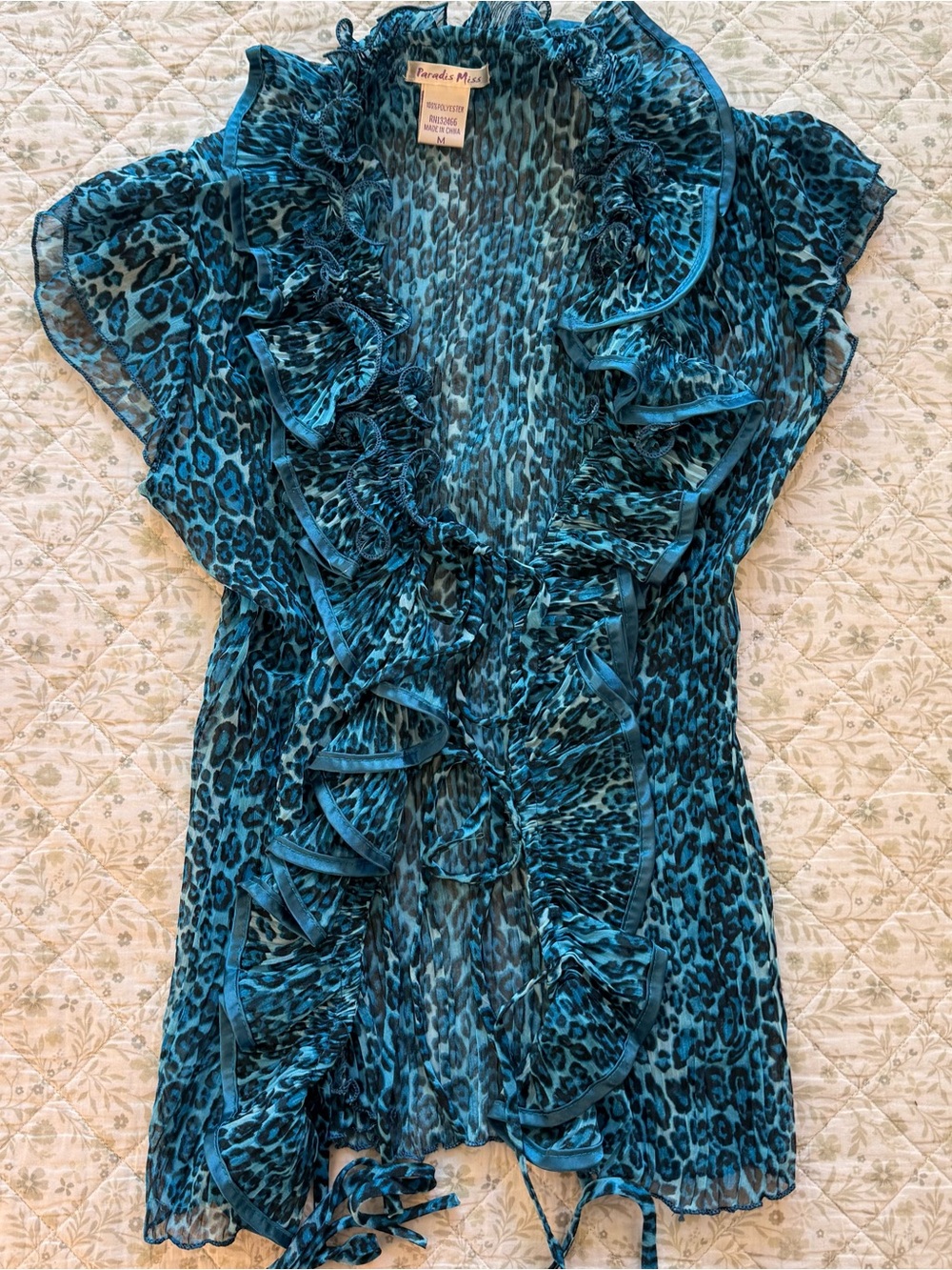 Y2k Paradise Miss blue leopard print short sleeve blouse with ruffles